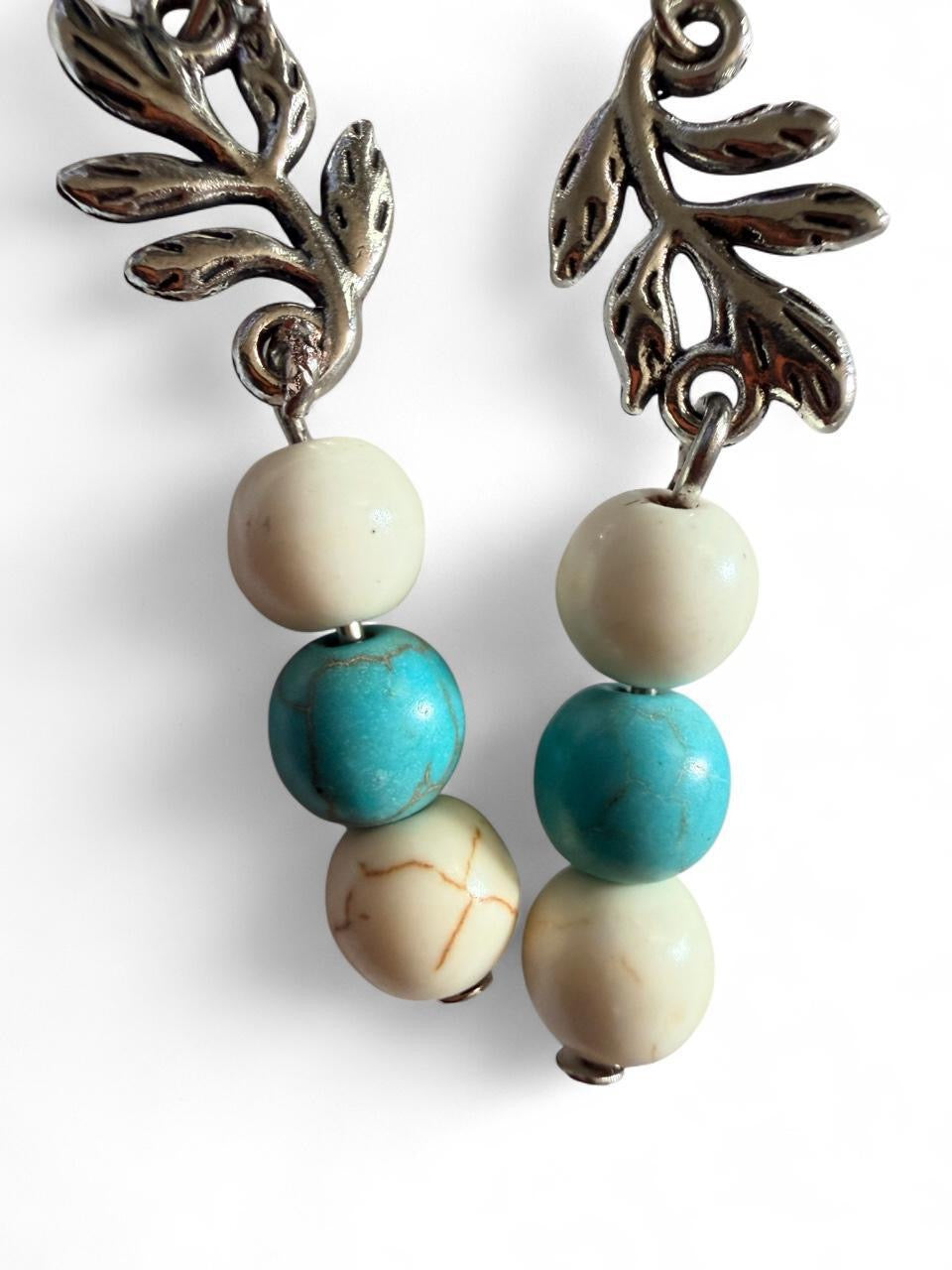 Turquoise & Ivory Leaf Branch Earrings | Boho Beaded Dangle Earrings