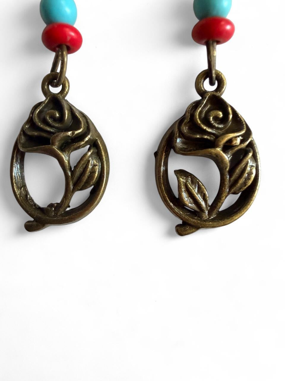 Handmade Bronze Rose Dangle Earrings | Turquoise Red Bead | Boho Southwest