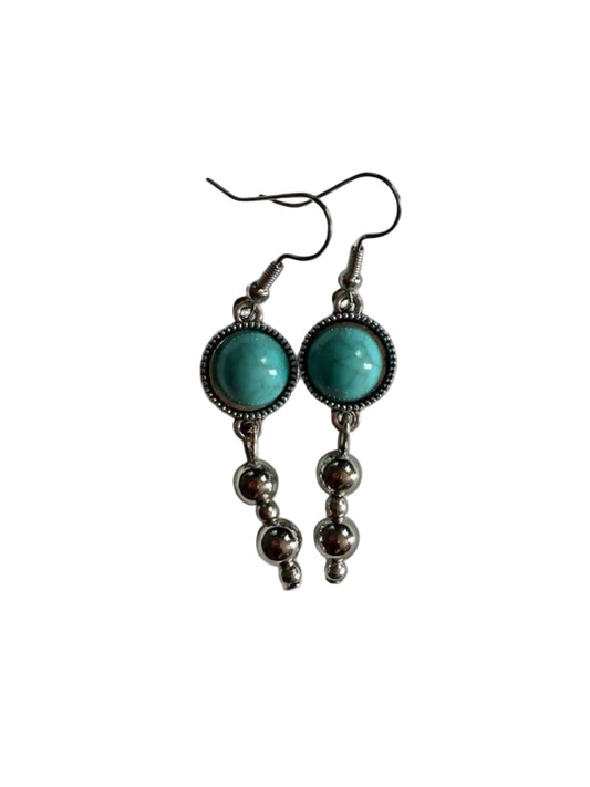 Turquoise Style Cabochon Dangle Earrings | Boho Silver Beaded Jewelry