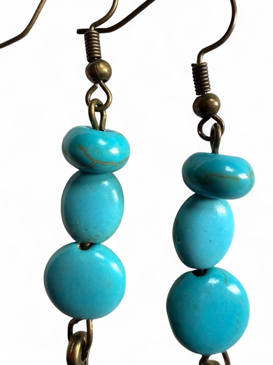 Handmade Turquoise Bead & Feather Dangle Earrings