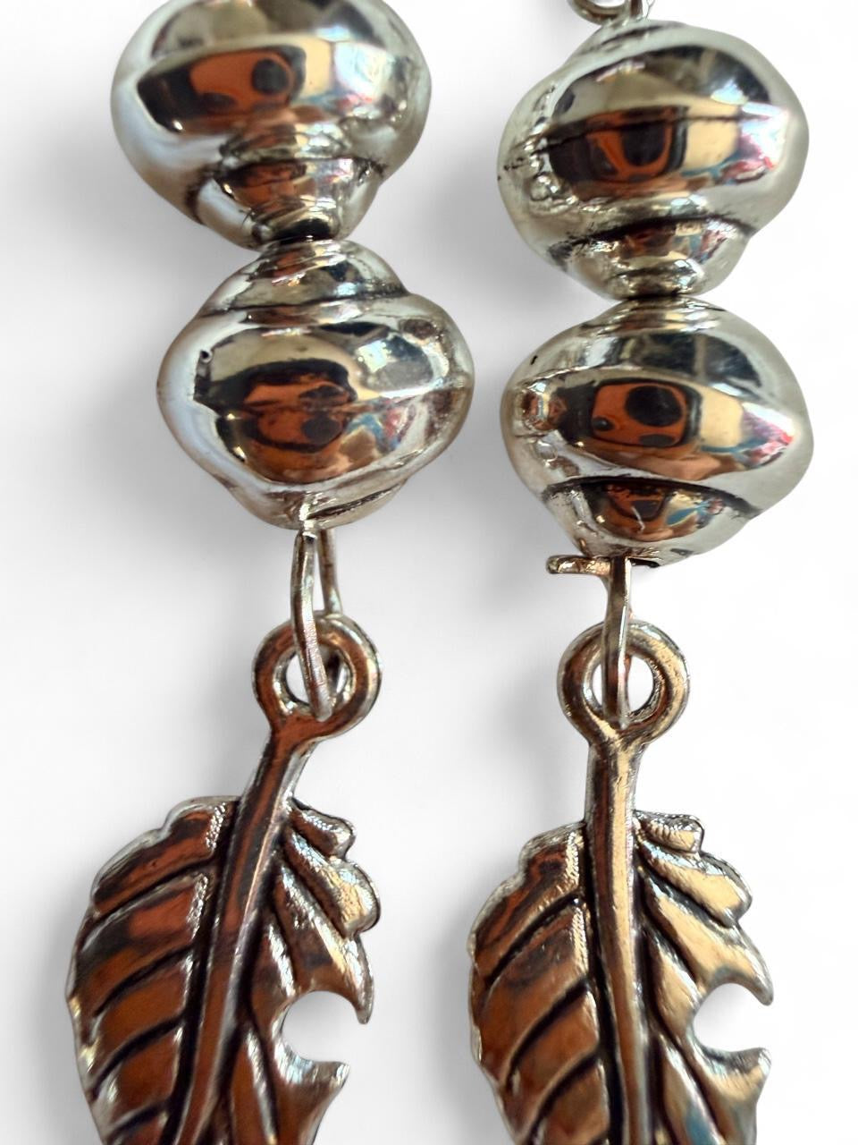 Harvest Acorn & Leaf Earrings | Metallic Silver Beaded Leaf Dangle Earrings | The Harvest Souls Collection