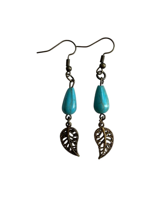 Harvest Turquoise Teardrop Leaf Earrings | Turquoise & Brass Leaf Dangle Earrings | The Harvest Souls Collection
