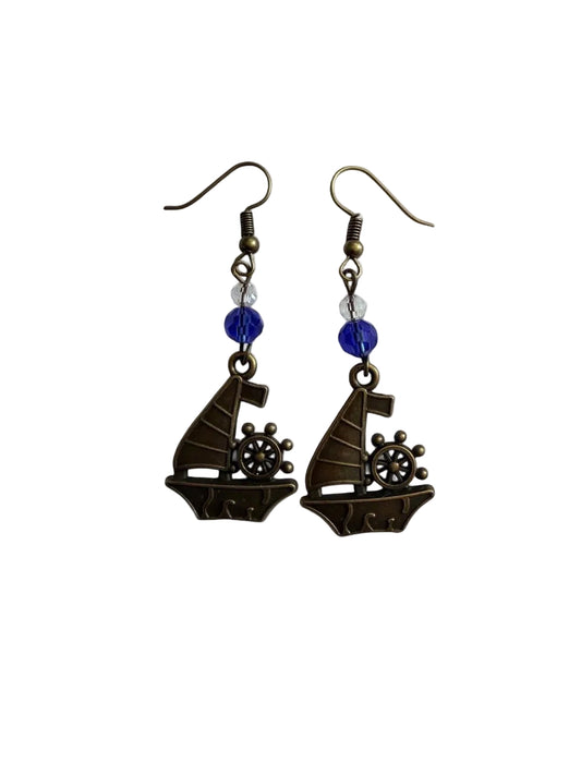 End of Summer Americana Bronze Sailboat Earrings - Royal Blue Nautical Dangle