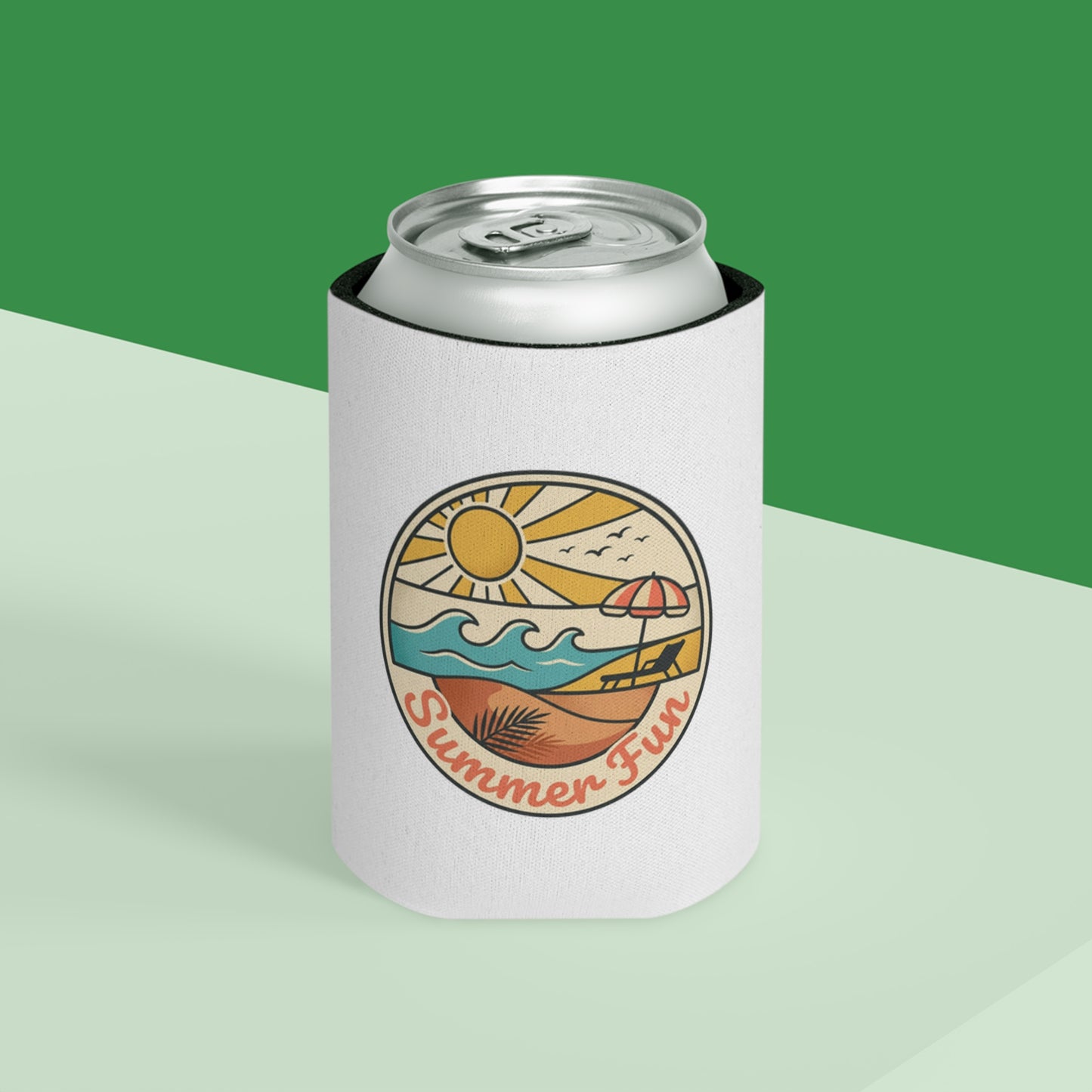Can Cooler — "Summer Fun" Beach Scene Neoprene Beer Cozy