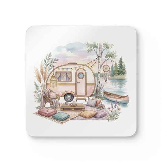 Boho Camper Cork Coaster Set – Vintage Caravan Lakeside Camping Drink Coasters