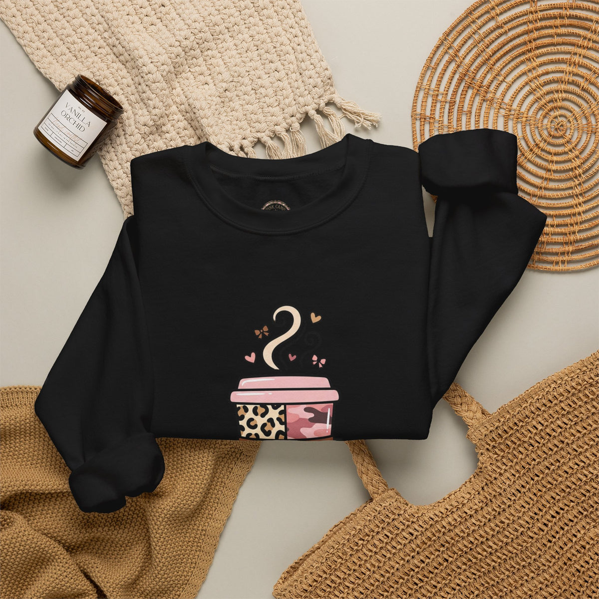 Coffee Lover Sweatshirt — Pink Leopard Coffee Cup Graphic Crewneck