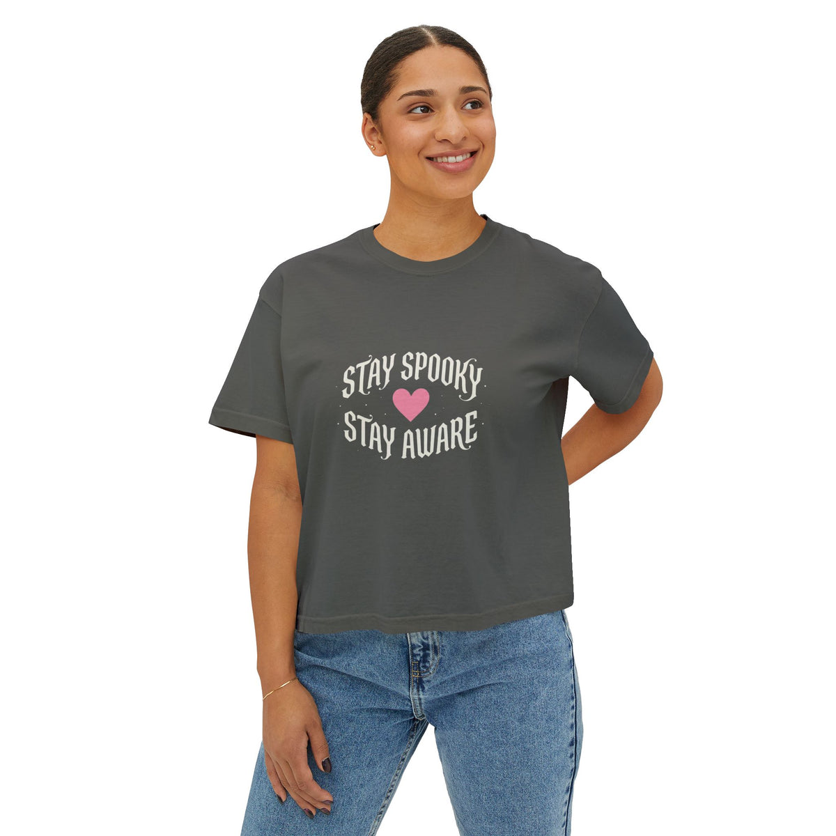Stay Spooky Stay Aware Women's Boxy Tee — Cute Halloween Awareness Graphic Shirt