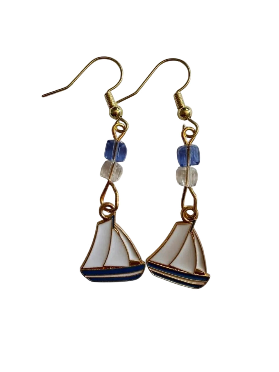 End of Summer Americana Sailboat Earrings - White and Blue Nautical Dangle