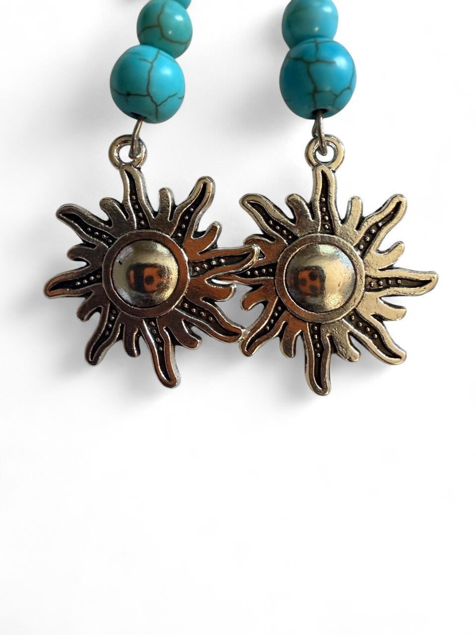 Handcrafted Turquoise Beaded Celestial Sun Dangle Earrings