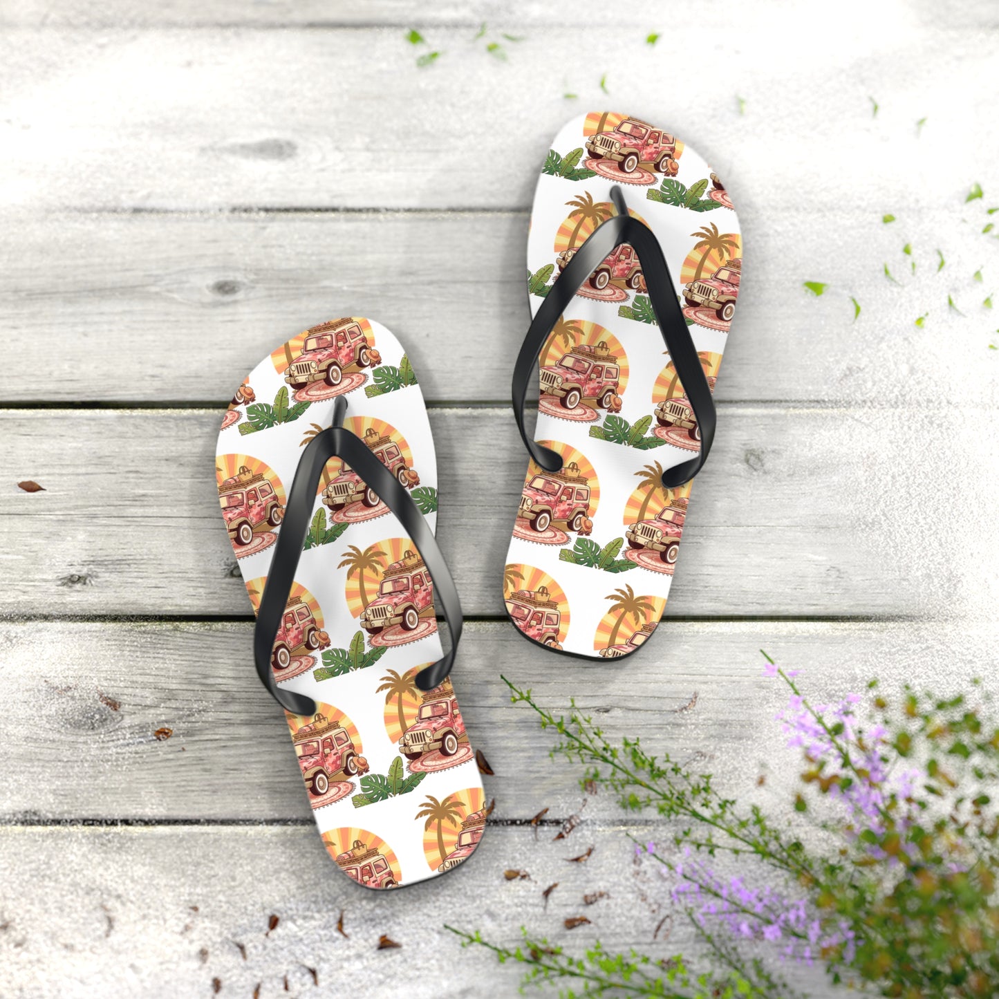 Retro Surf Van Flip Flops – Tropical Palm Beach Summer Sandals