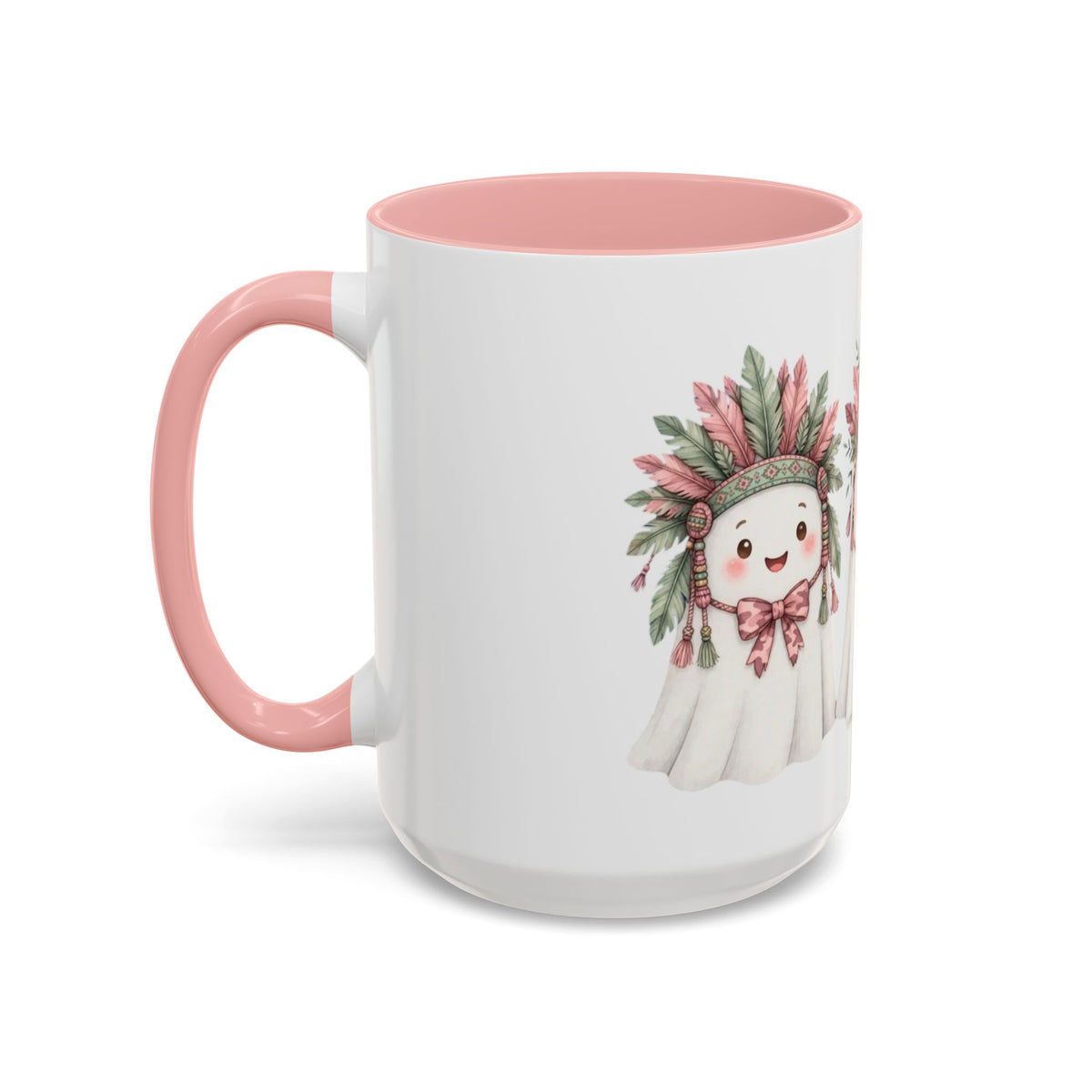 Cute Ghost Mug with Floral Feather Headdress – Pink Accent Coffee Cup (11/15 oz)