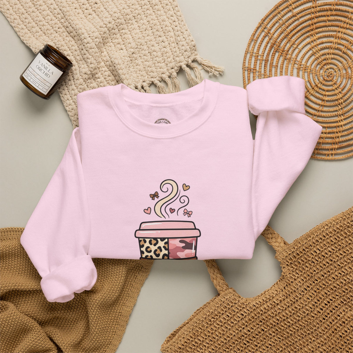 Coffee Lover Sweatshirt — Pink Leopard Coffee Cup Graphic Crewneck