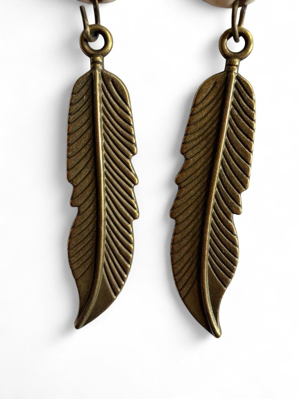 Handmade Boho Bronze Feather & White Howlite Stone Dangle Earrings