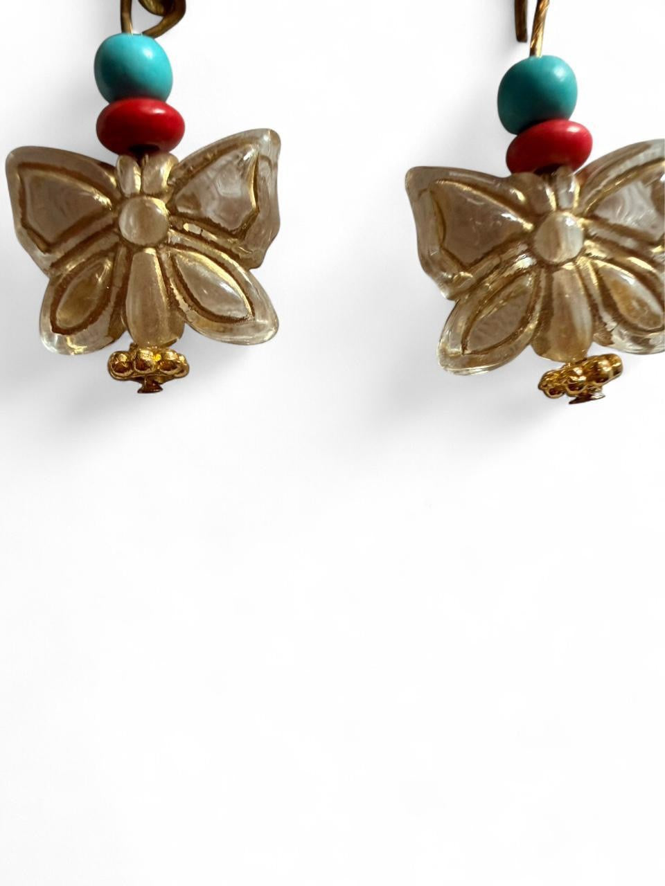 Handmade Boho Butterfly Flower Drop Earrings | Gold Tone Turquoise Red