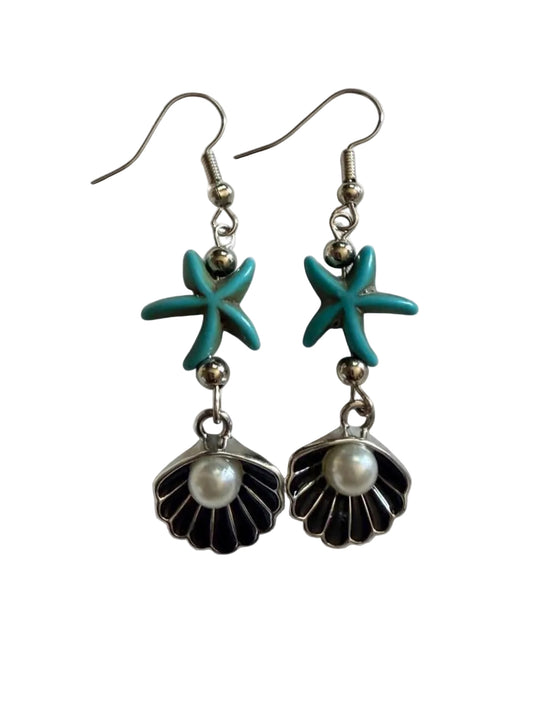 Handcrafted Turquoise Sea Turtle & Seashell Dangle Earrings