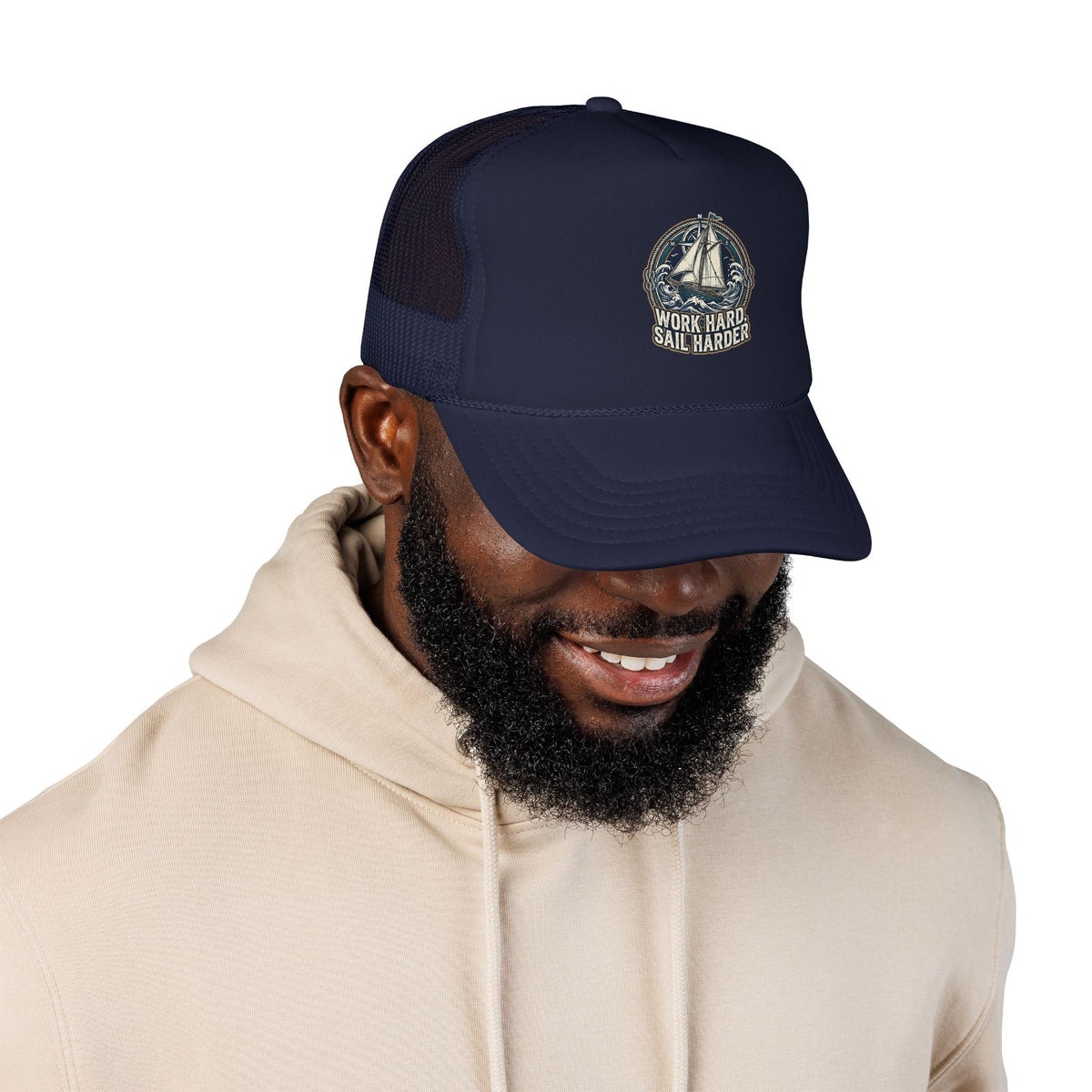 Trucker Hat — 'Work Hard Sail Harder' Vintage Sailboat Mesh Cap