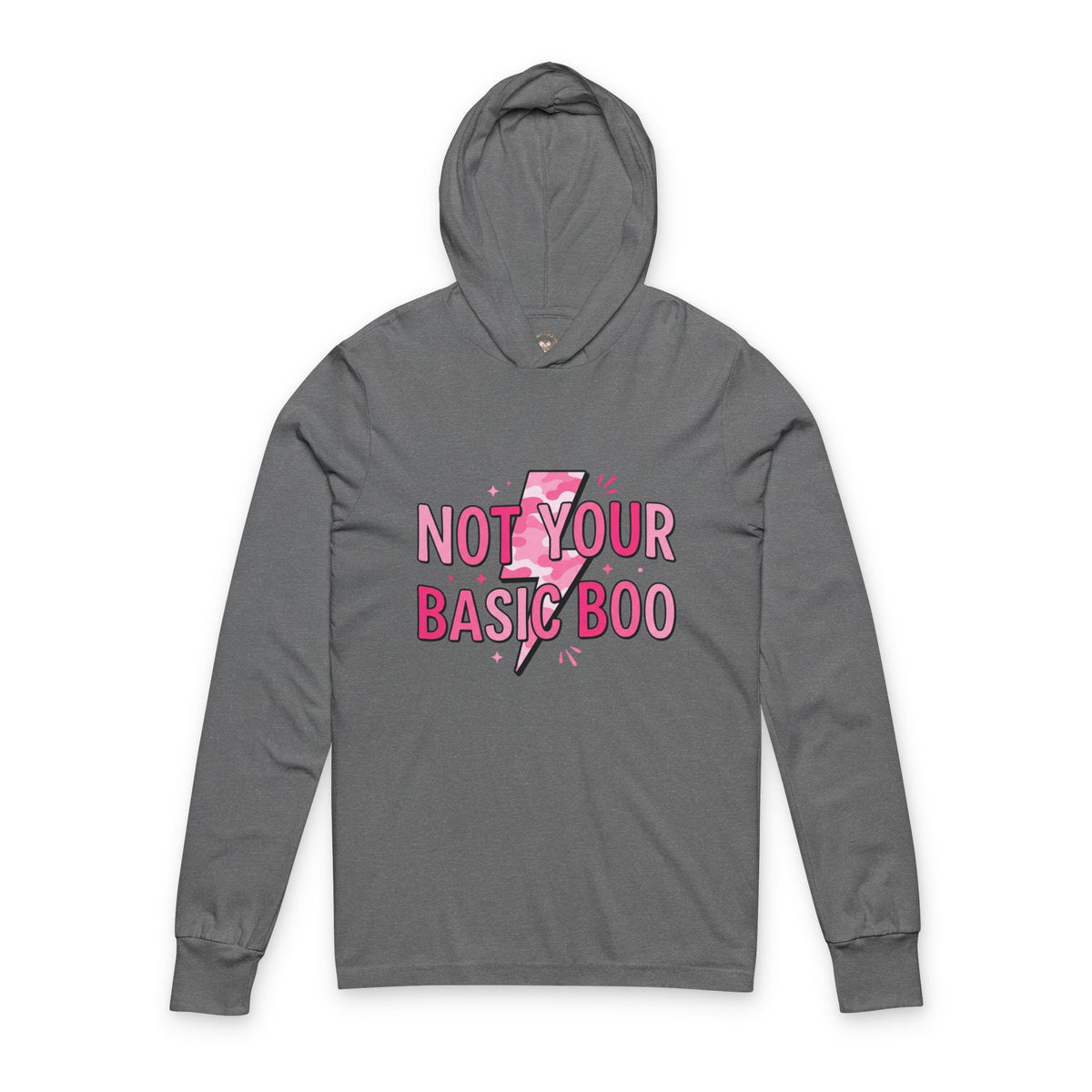 Hooded Long Sleeve Tee — "Not Your Basic Boo" Pink Lightning Graphic