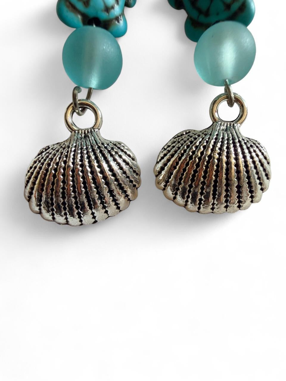 Handcrafted Turquoise Sea Turtle & Seashell Dangle Earrings
