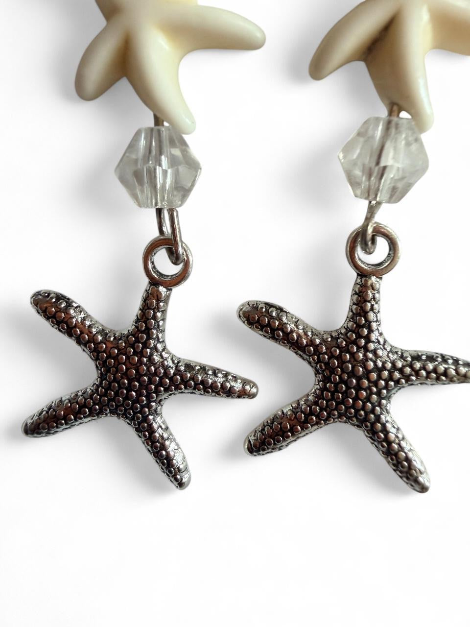 Handcrafted White Starfish & Shimmering Crystal Style Dangle Earrings