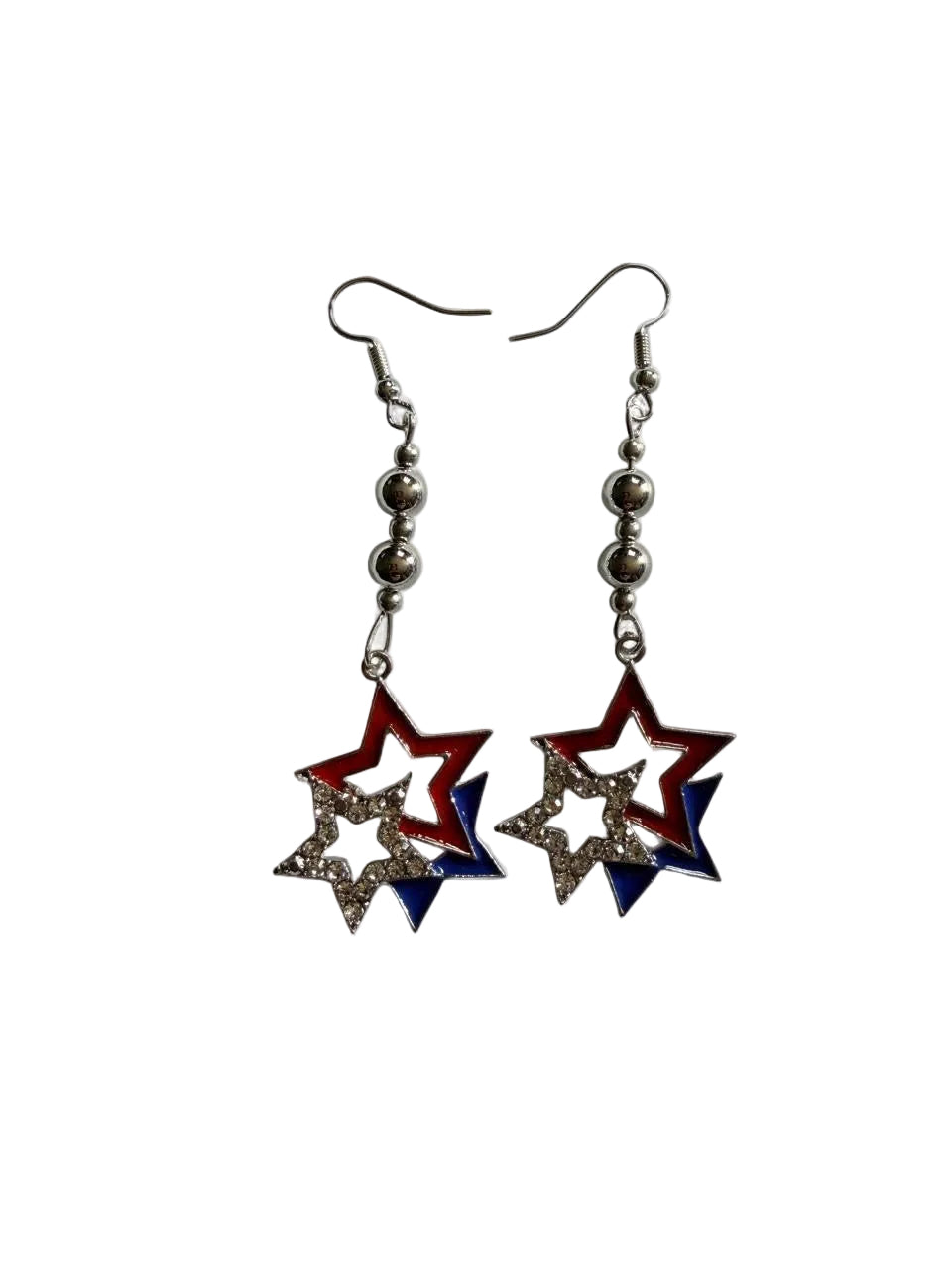 Handmade Patriotic Interlocking Rhinestone Star Earrings | Red White & Blue Statement Drops