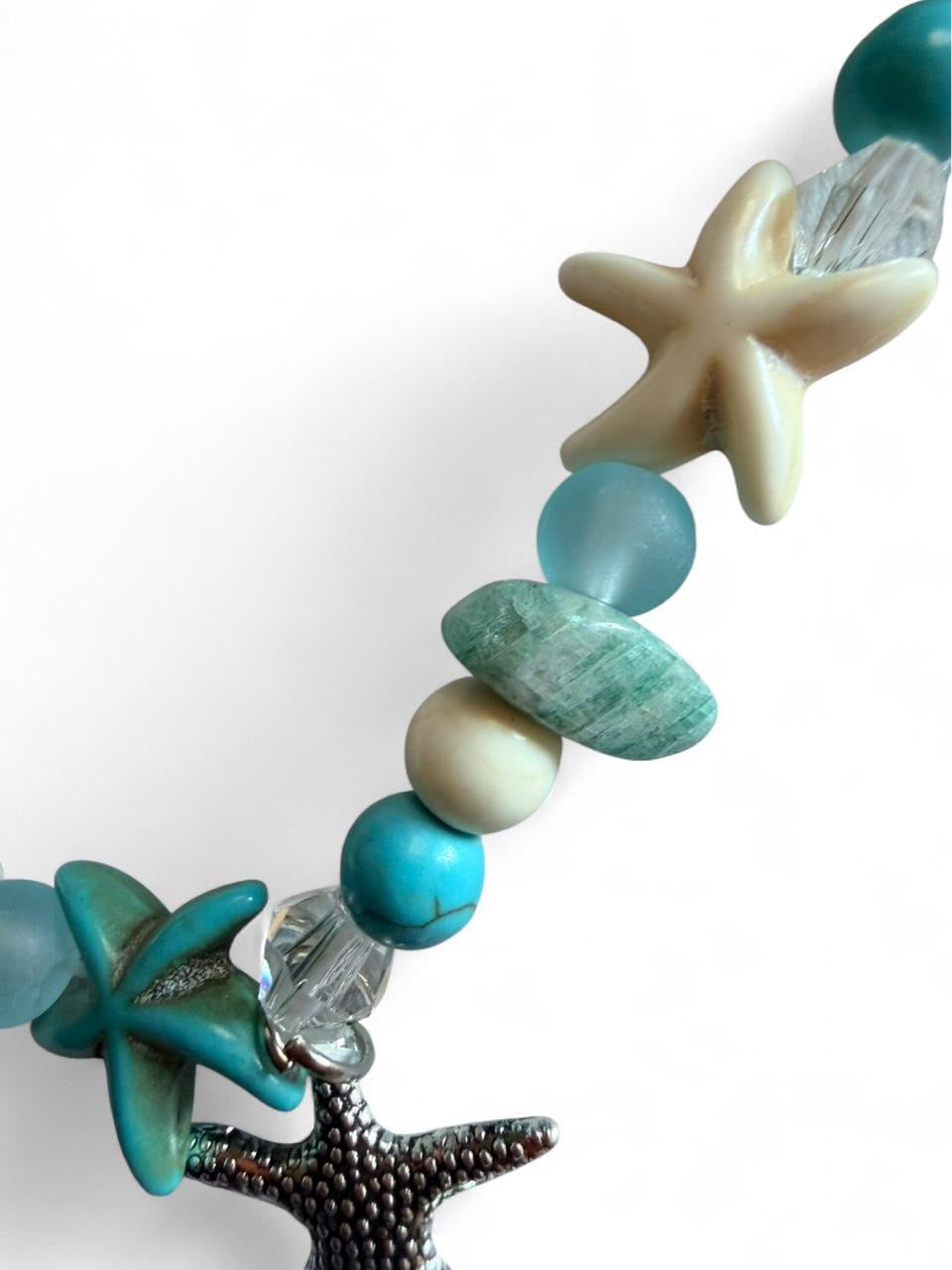 Handcrafted Turquoise & Sea Glass Style Starfish Charm Coastal Anklet