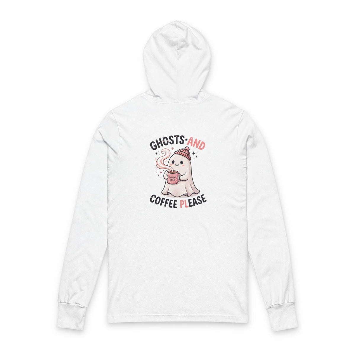 Long Sleeve Hoodie — "Ghosts and Coffee Please" Cute Ghost Graphic