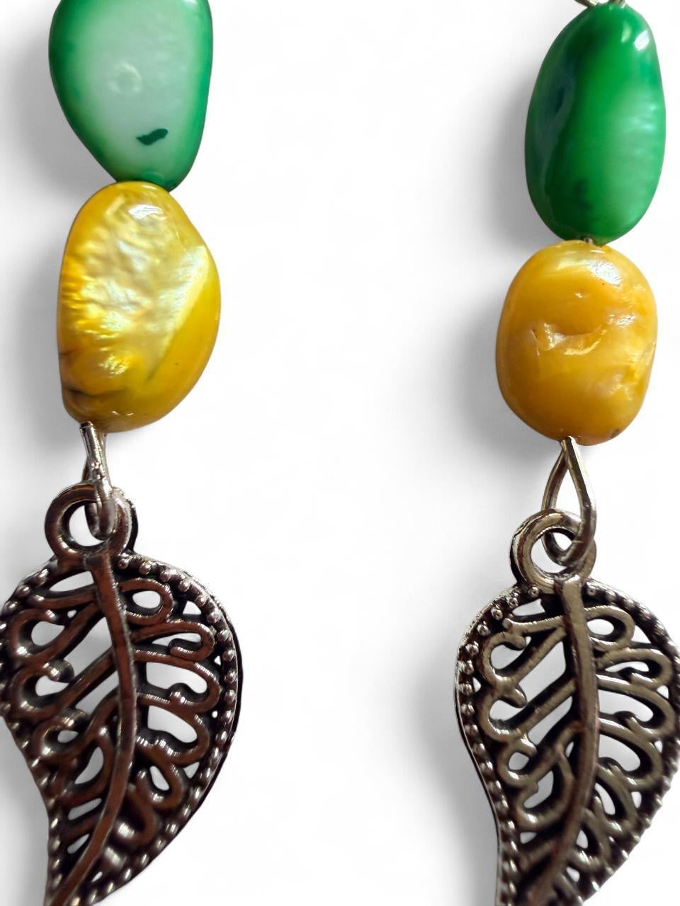 Green & Yellow Leaf Charm Earrings | Handmade Boho Dangle Earrings