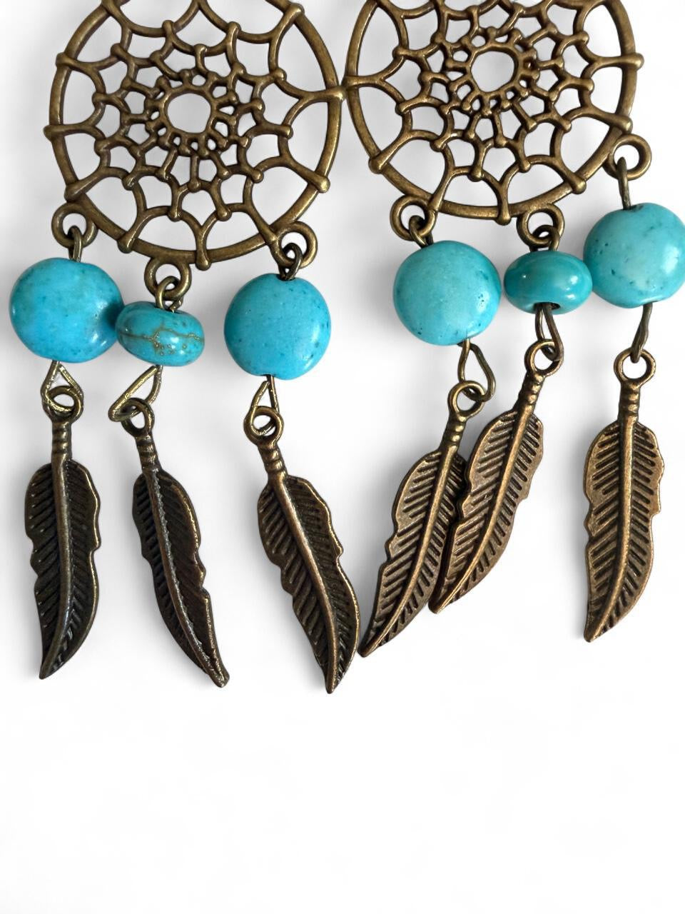 Harvest Souls – Turquoise Dreamcatcher & Feather Earrings