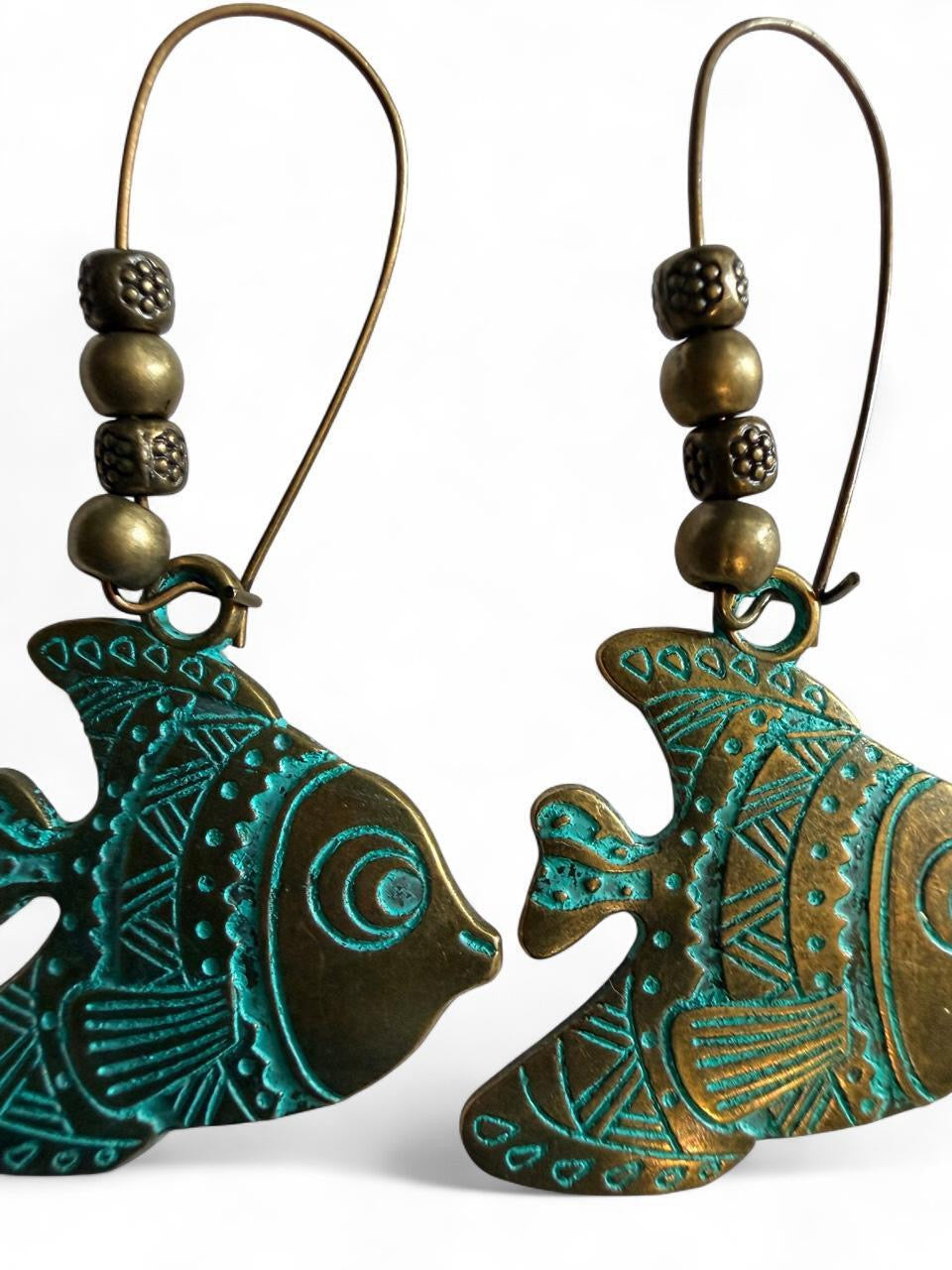 Handcrafted Verdigris Patina Tribal Fish Hoop Dangle Earrings