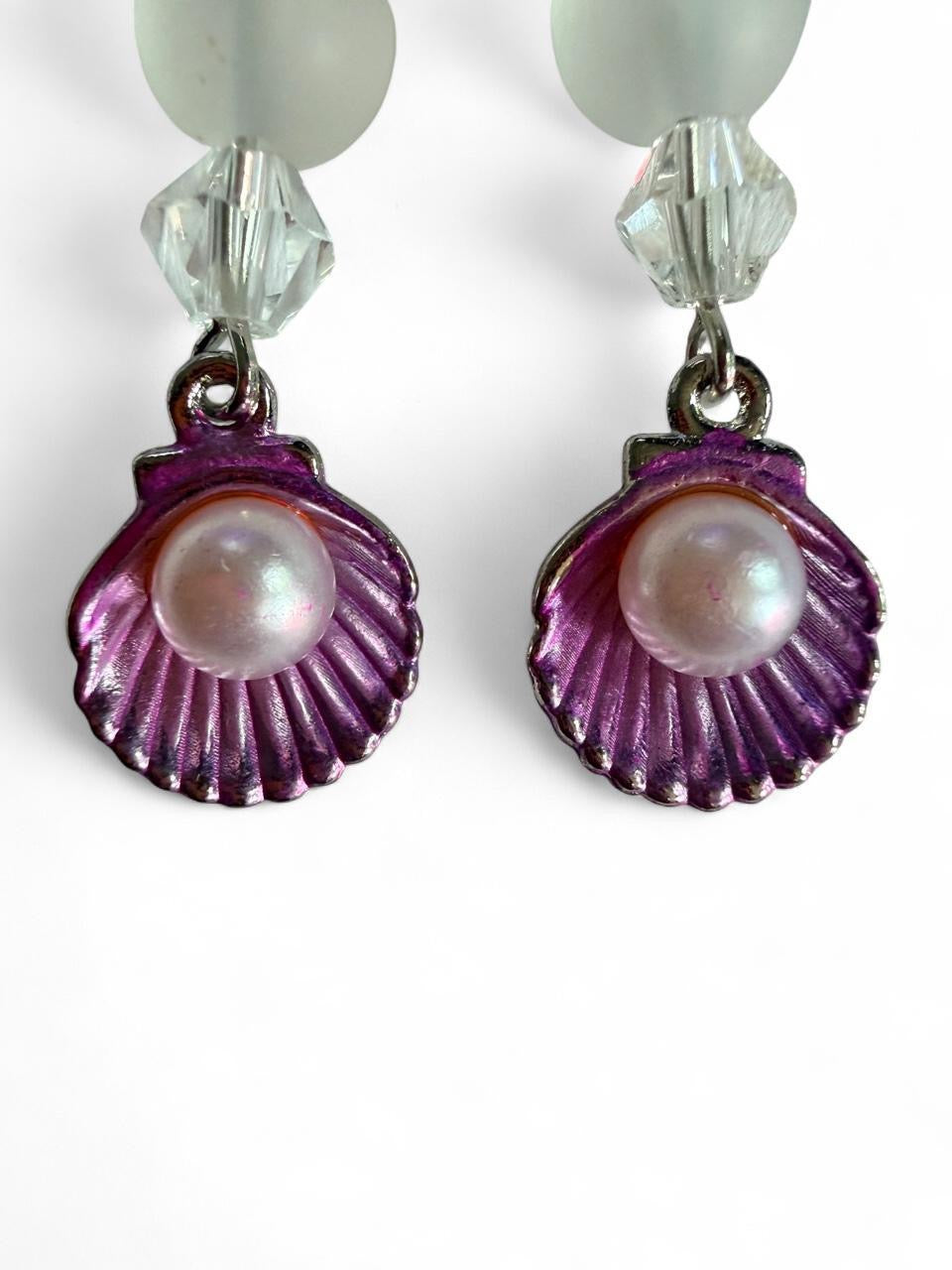 Handcrafted Purple Seashell & Pearl Style Dangle Earrings