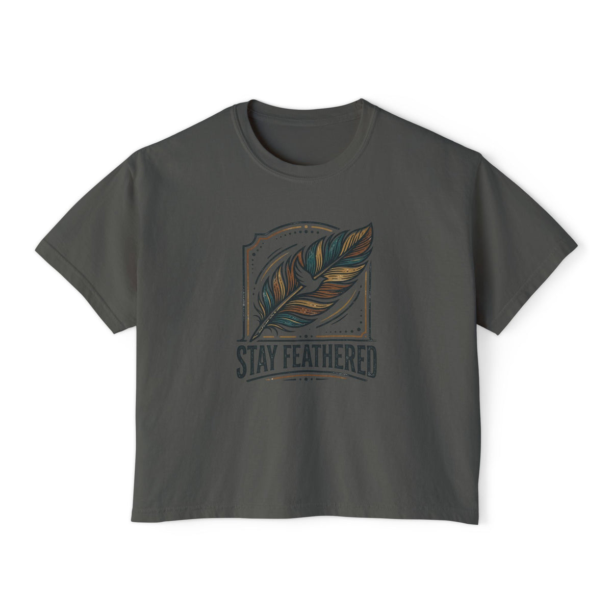 Stay Feathered Women's Boxy Tee — Boho Feather Graphic Tee