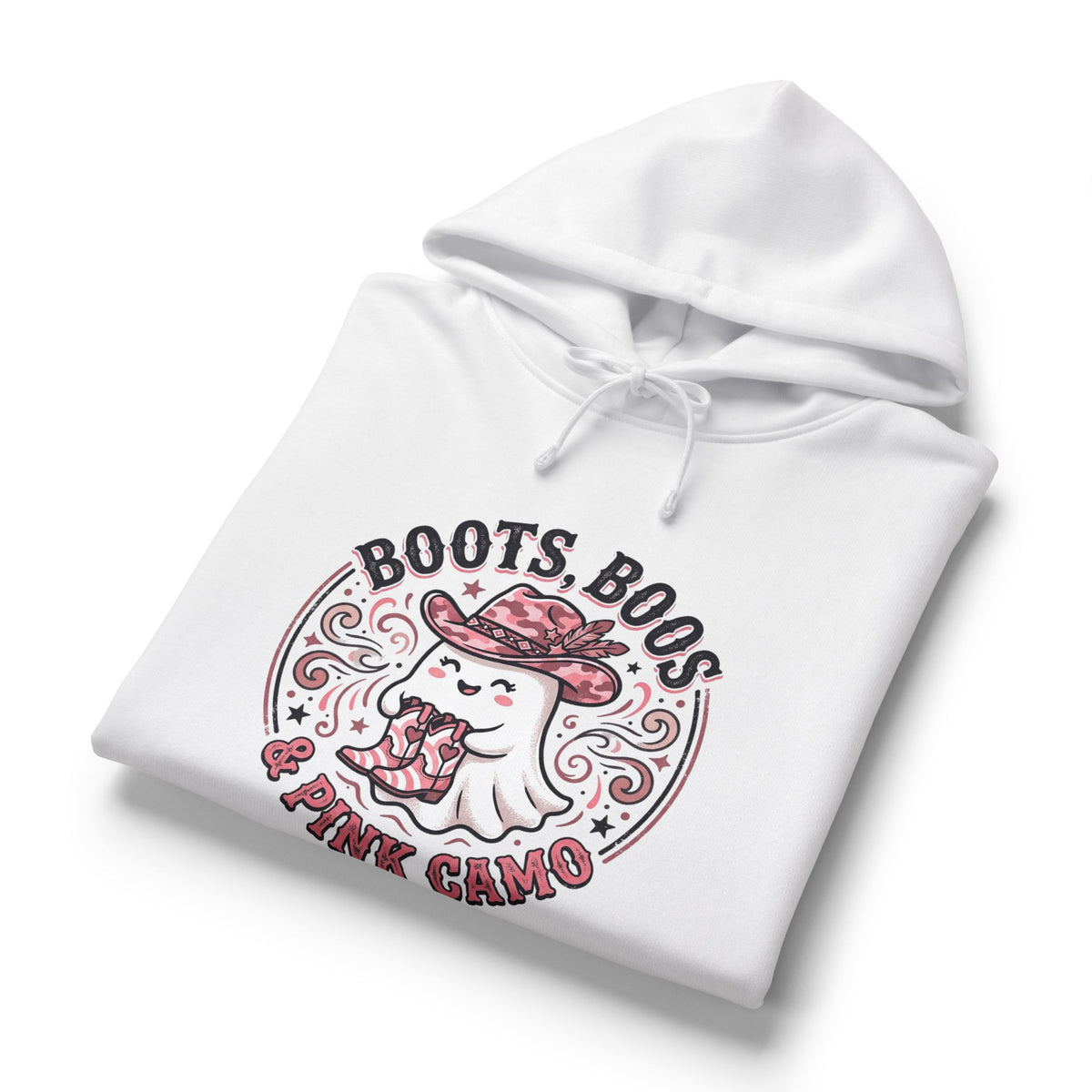 Women's 'Boots, Boos & Pink Camo' Hoodie — Cute Cowgirl Halloween Sweatshirt