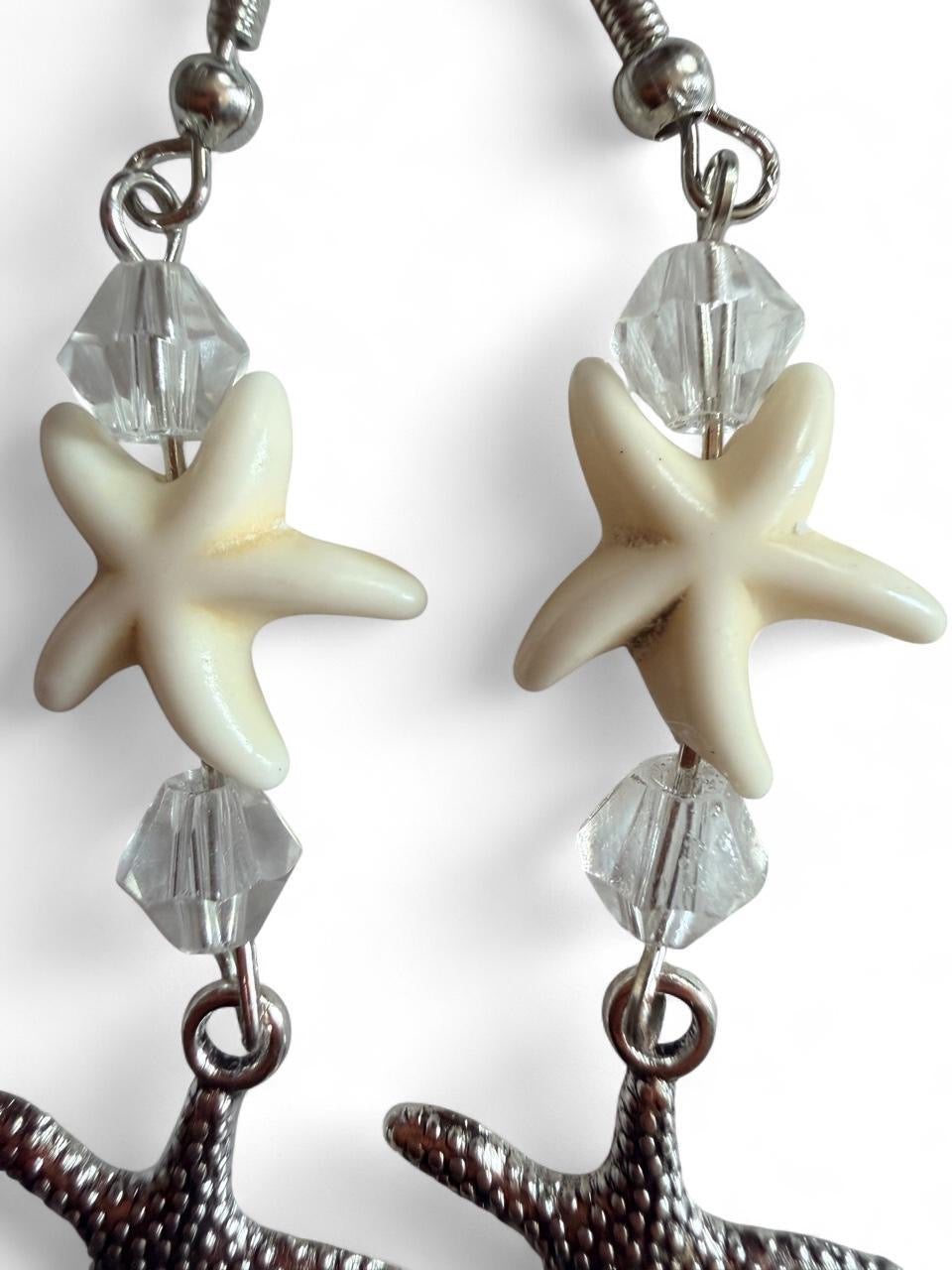 Handcrafted White Starfish & Shimmering Crystal Style Dangle Earrings