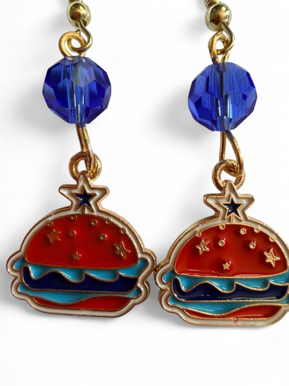 End of Summer Americana Hamburger Earrings - Patriotic Star Burger Dangle