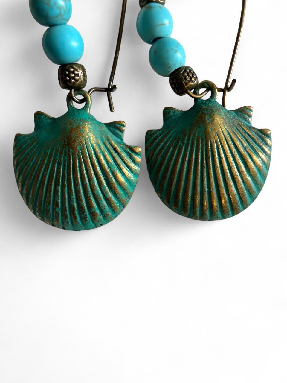 Handcrafted Verdigris Patina Seashell & Turquoise Beaded Hoop Dangle Earrings