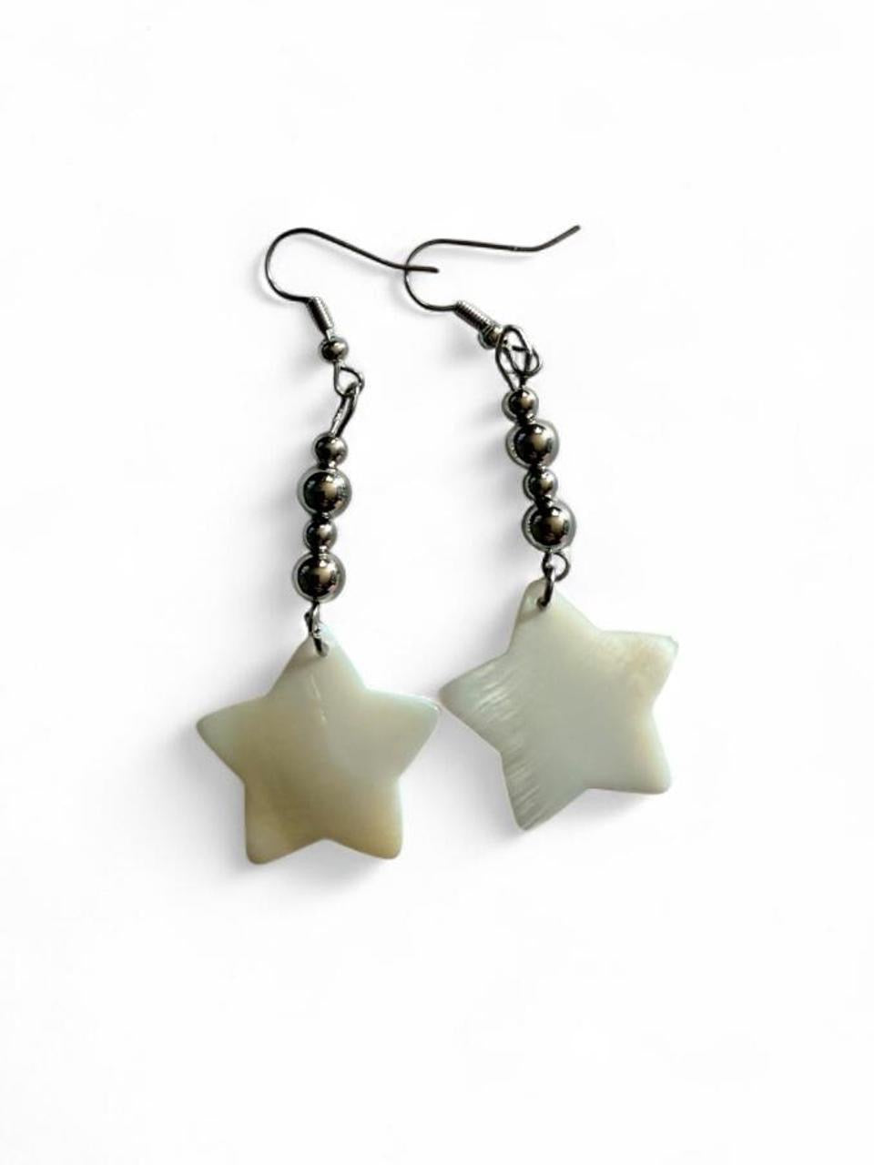 Handcrafted Mother of Pearl Style Star & Gunmetal Beaded Dangle Earrings
