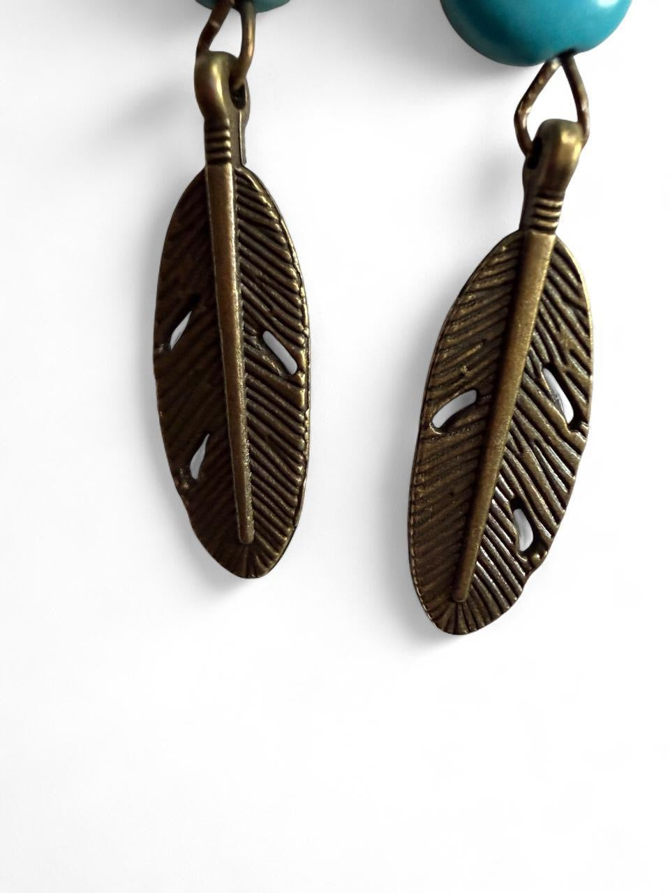 Handmade Turquoise Bead & Feather Dangle Earrings