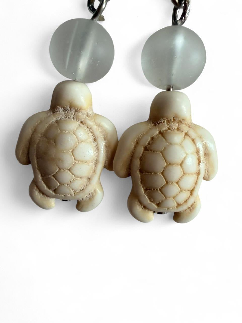 Handmade White Carved Sea Turtle Drop Earrings with Frosted Beads