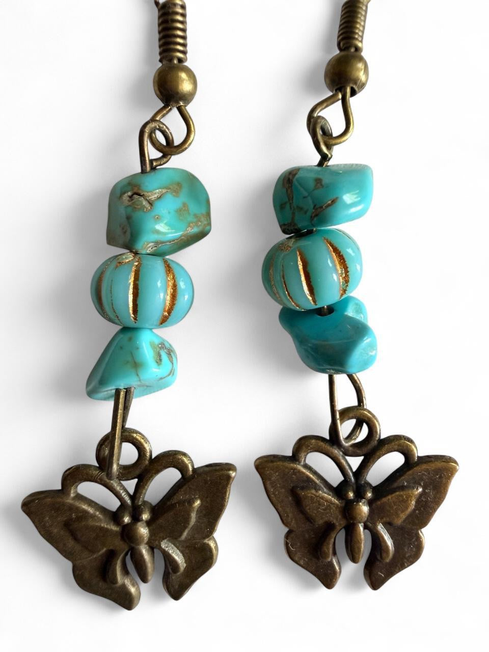 Handmade Turquoise Butterfly Dangle Earrings | Boho Bronze Jewelry