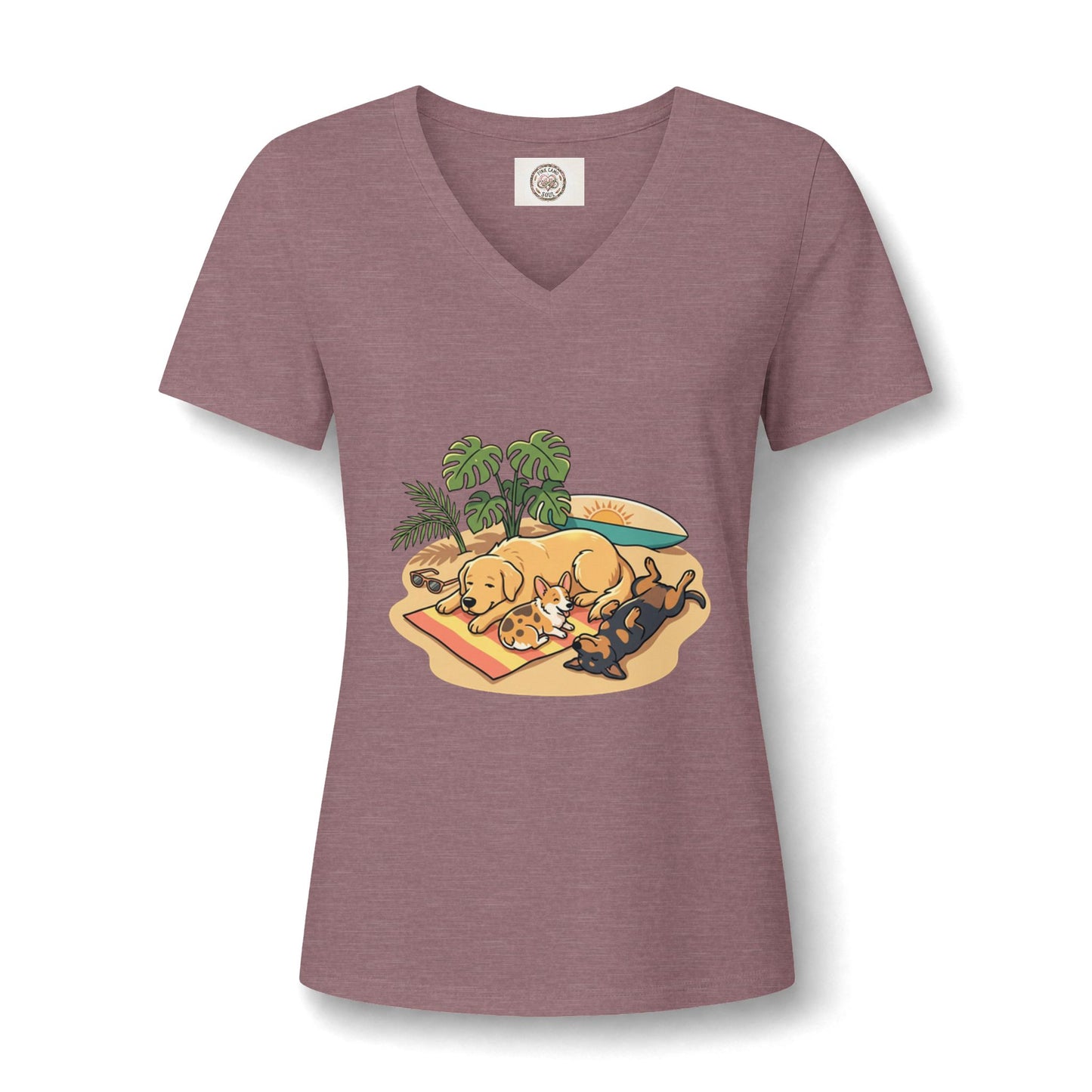 Beach Nap Dogs V-Neck Tee — Cute Sleeping Dog Graphic Shirt