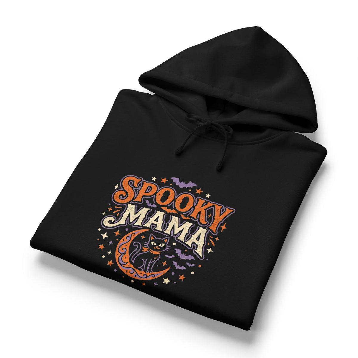 Spooky Mama Hoodie — Halloween Moon & Cat Graphic