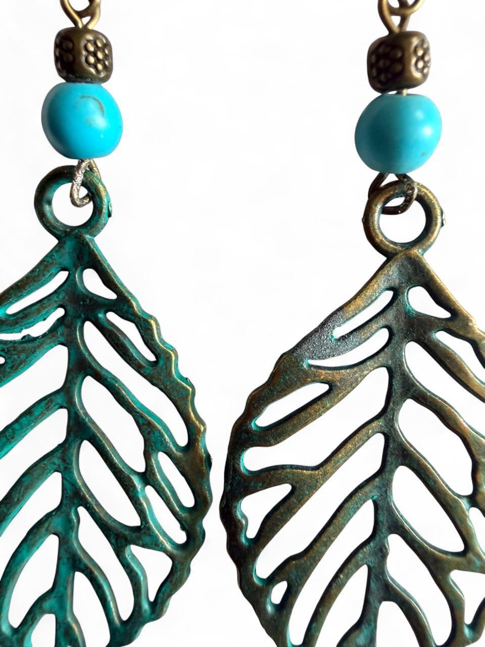 Handmade Verdigris Patina Bronze Leaf Dangle Earrings with Turquoise Accents