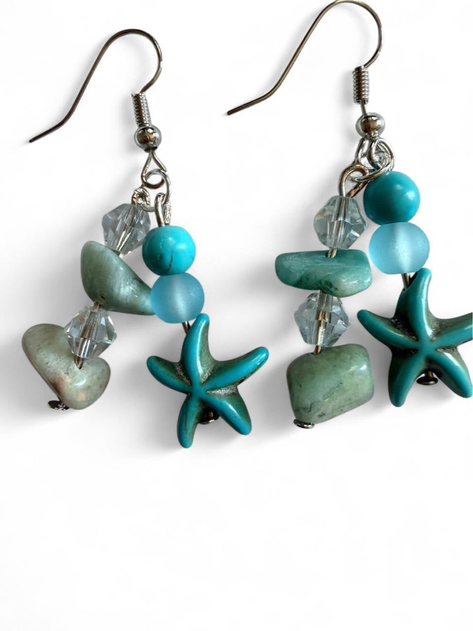Handcrafted Turquoise Starfish & Natural Sea Stone Chandelier Dangle Earrings