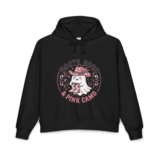 Women's 'Boots, Boos & Pink Camo' Hoodie — Cute Cowgirl Halloween Sweatshirt