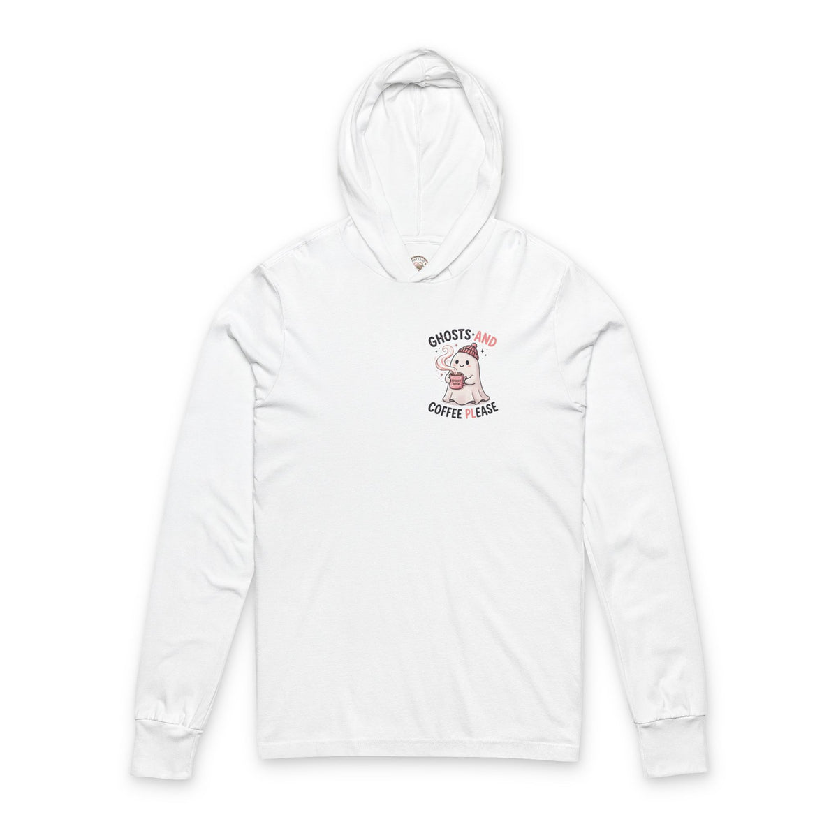 Long Sleeve Hoodie — "Ghosts and Coffee Please" Cute Ghost Graphic