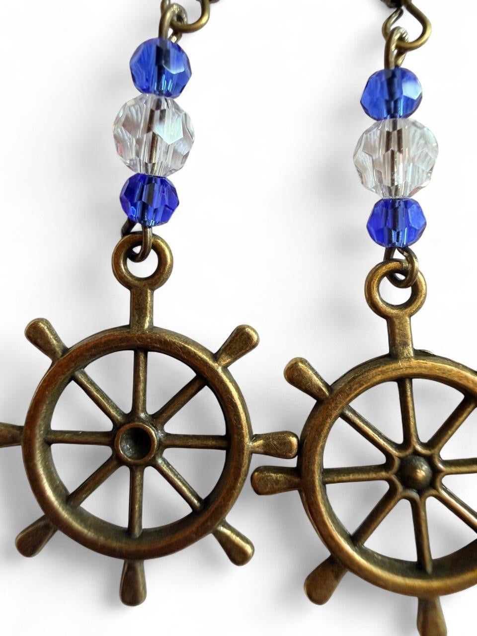 End of Summer Americana Bronze Ship Wheel Earrings - Royal Blue Nautical Dangle