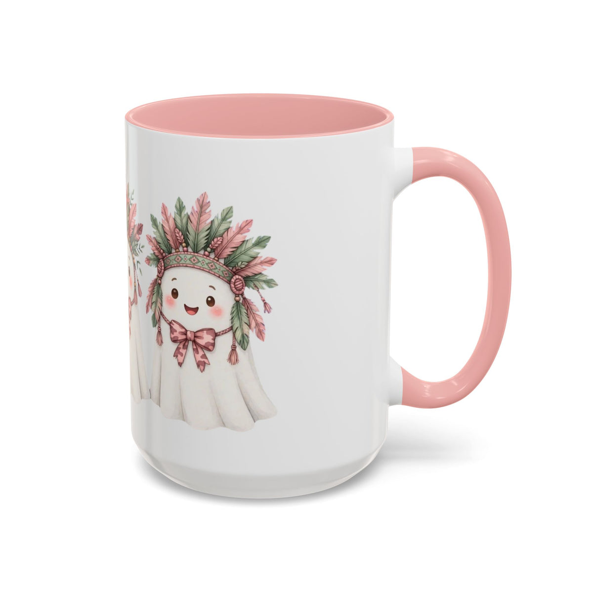 Cute Ghost Mug with Floral Feather Headdress – Pink Accent Coffee Cup (11/15 oz)