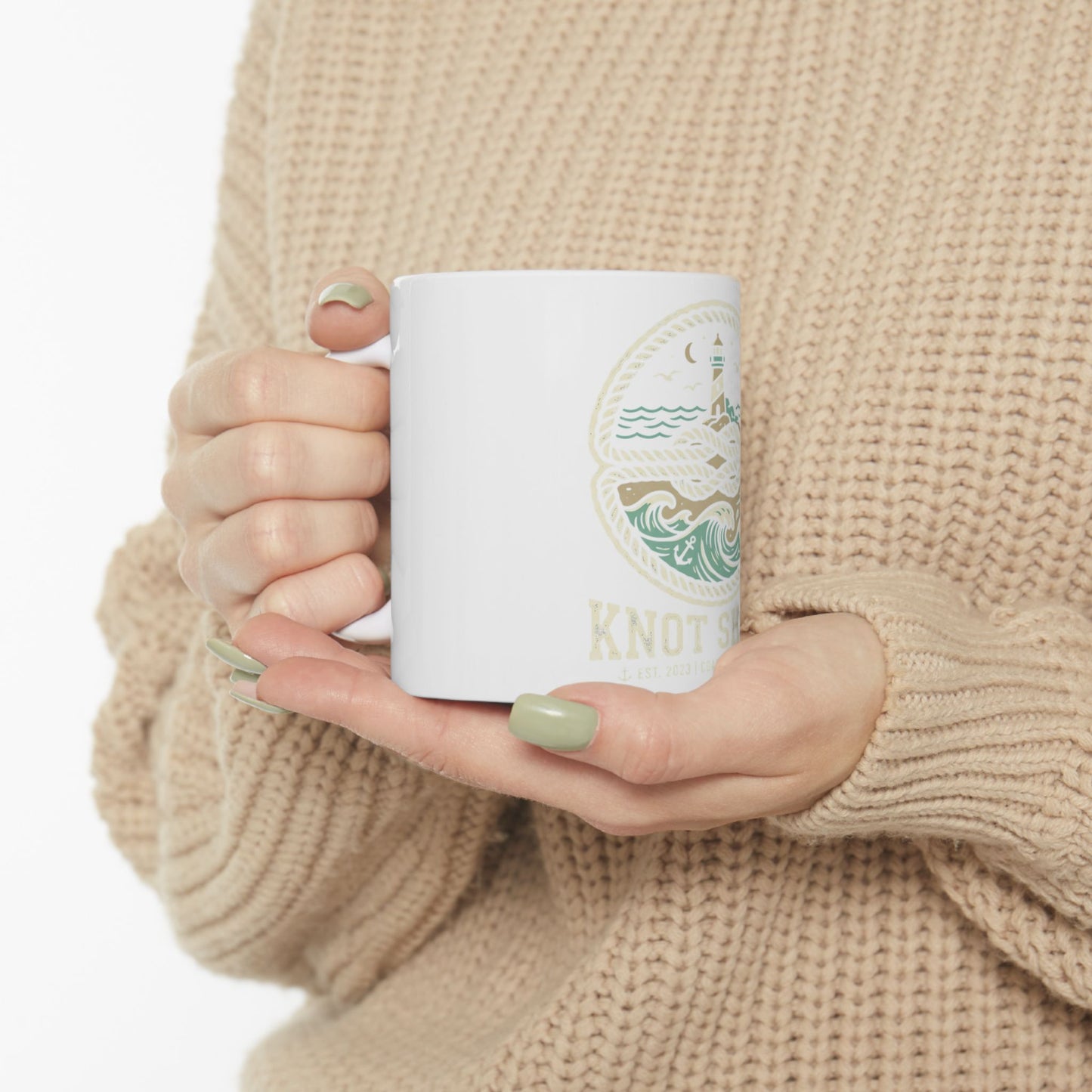 Nautical 'Knot Shore' Ceramic Mug — Lighthouse Ocean Waves Coffee Cup (11oz/15oz)