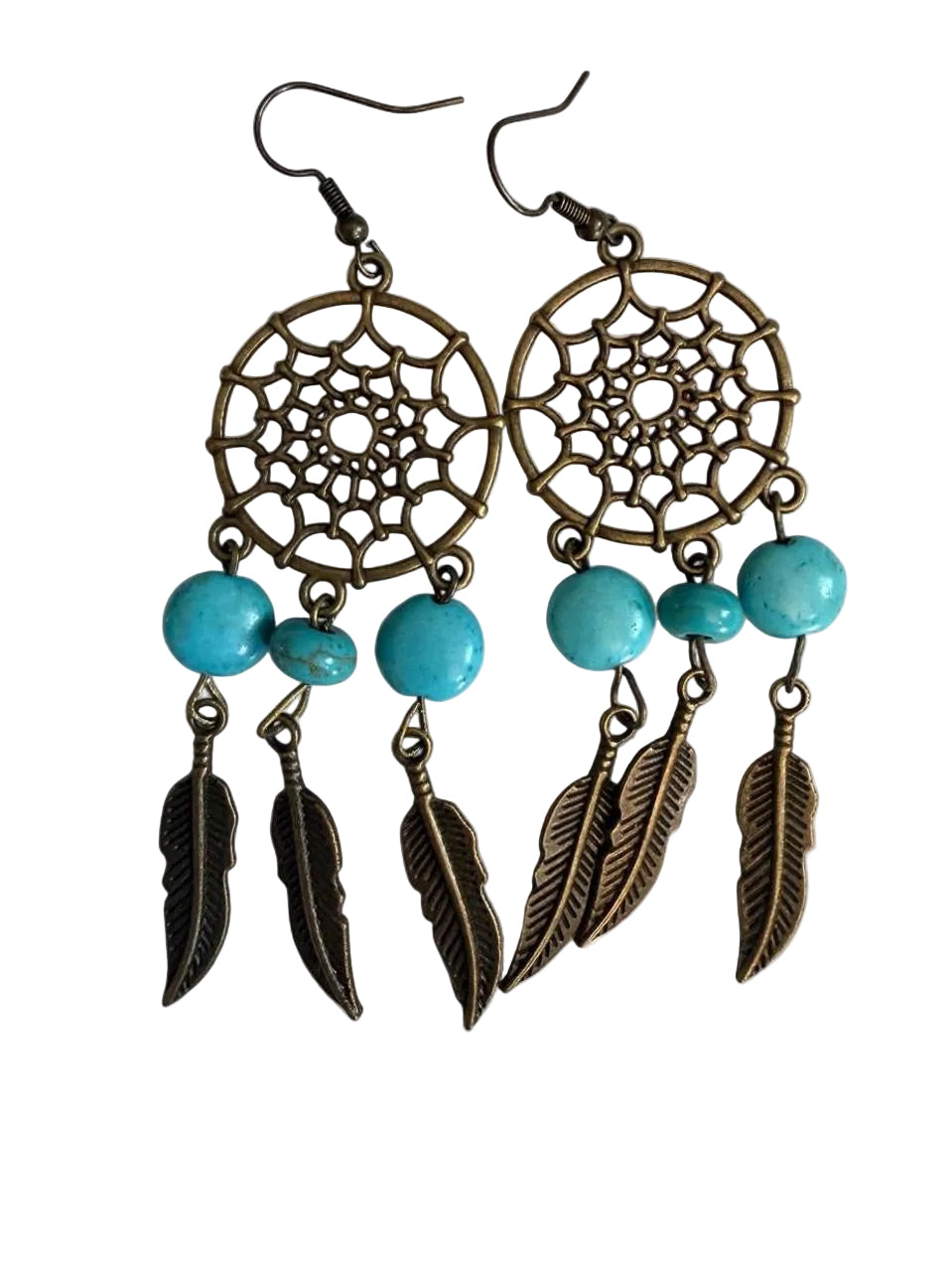 Harvest Souls – Turquoise Dreamcatcher & Feather Earrings