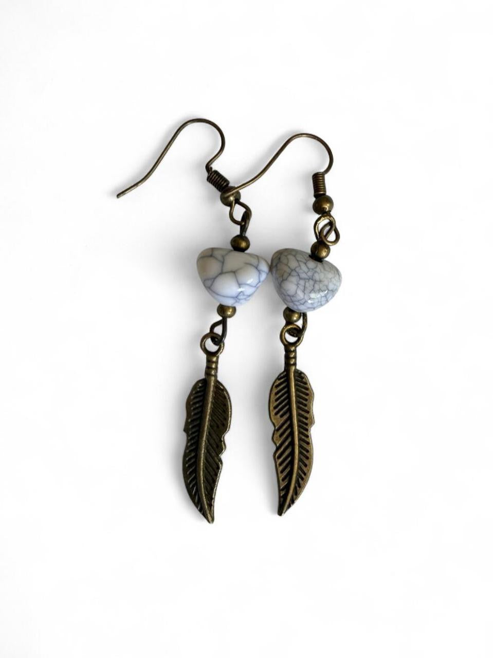 Harvest Souls – Heartstone & Bronze Feather Earrings